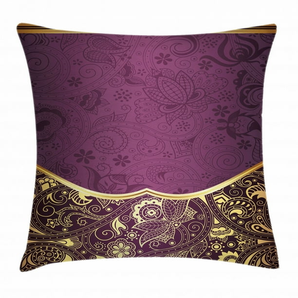 Purple Throw Pillow Cushion Cover, Oriental Abstract Gold Swirly Floral