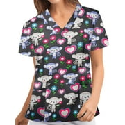 HIMONE haut de gommage pour femmes imprimé floral uniforme de travail à manches courtes t-shirts à col en V tunique d'infirmières avec poche