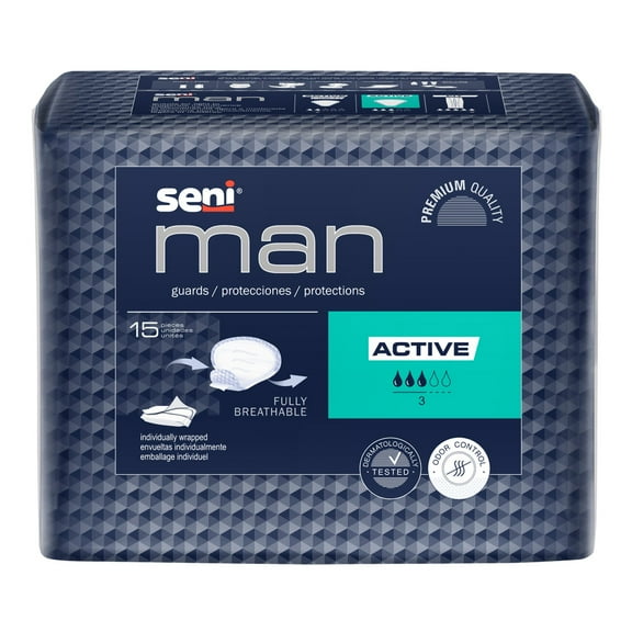 Seni Man Active Male Incontinent Pad Cup Shape 8-9/10 X 10-3/5 Inch S-A015-US1, 39, 15 Ct