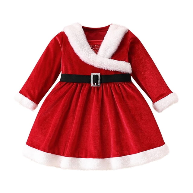 Odeerbi Niñas Vestido de Terciopelo Navidad Primavera Otoño Algodón Manga Larga Color Sólido Cálido Vestido A-Line