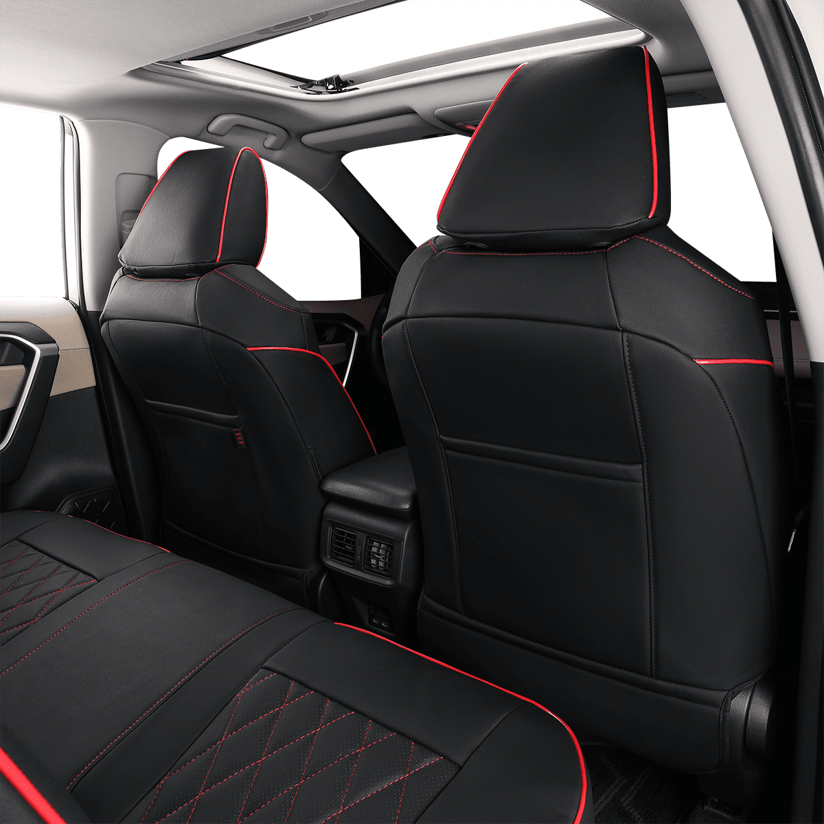 EKR Custom Fit Corolla Car Seat Covers for 2020 2021 2022 Toyota Corolla L LE - Full Set Leather Auto Seat Covers(Black with Red Trim)