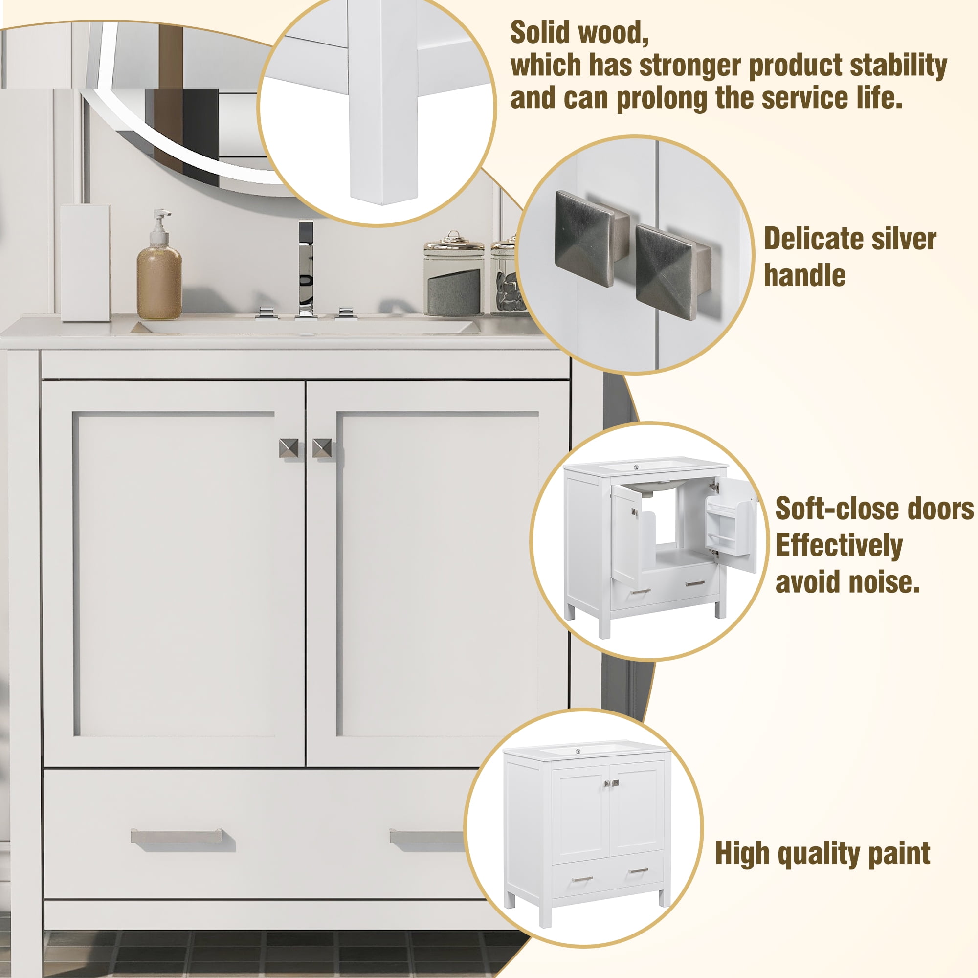 Euroco 30" White Bathroom Vanity with Single Sink, Combo Cabinet Undermount Sink, Bathroom Storage Cabinet with 2 Doors and a Drawer, Soft Closing, Multifunctional Storage, Solid Wood Frame