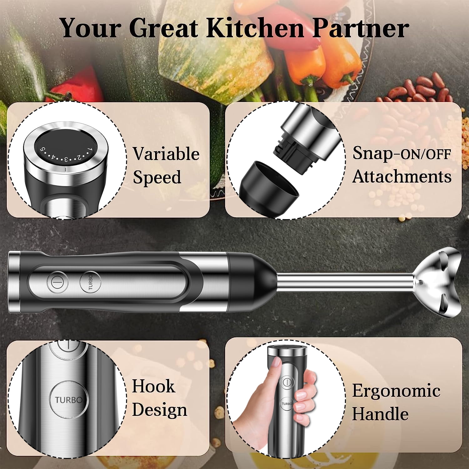  3-in-1 Immersion Hand Blender: 3-Angle Adjustable with Variable  21-Speed Control, Powerful Hand Blender Electric for Milkshakes, Smoothies, Soup, Puree