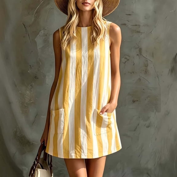 QUNYINEY Striped Womens Sundresses Casual Mini Summer A Line Sleeveless Tank Dress with Pockets Cowl Neck Loose Fit Dresses