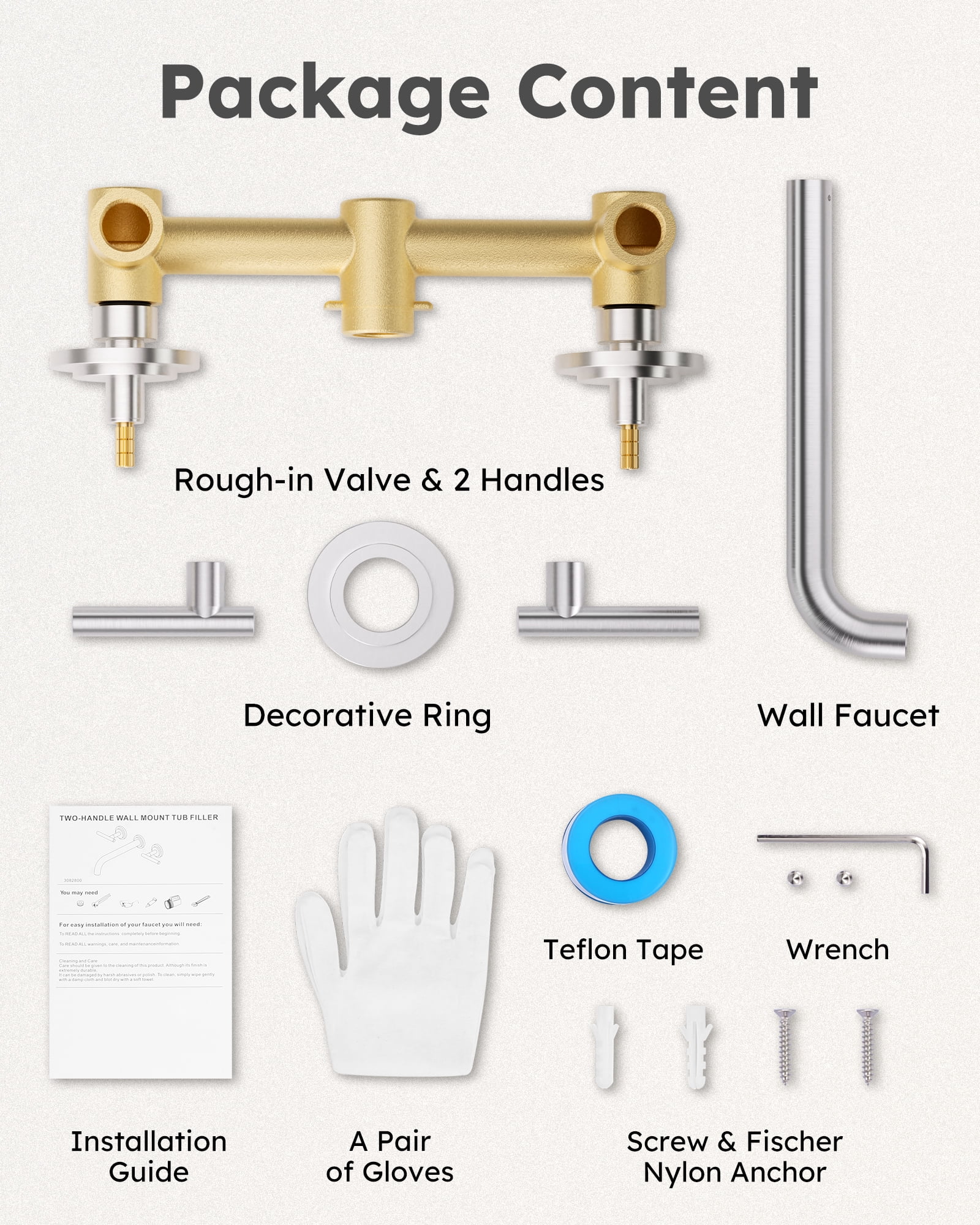 Wowow Wall Mount Tub Filler: Brushed Nickel Tub Faucet High Flow Two Handles Solid Brass, Long Spout Reach,Tub Faucet Bathroom Bathtub Faucets with 2 Handles with Brass Rough in Valve Included