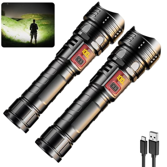 Bxaolu 2PCS Flashlights High Lumens Rechargeable, LED Super Bright Flash Light, Black Linternas with LCD Digital Display, 2 Mode, Waterproof, Powerful Flashlight for Emergencies Camping Gifts