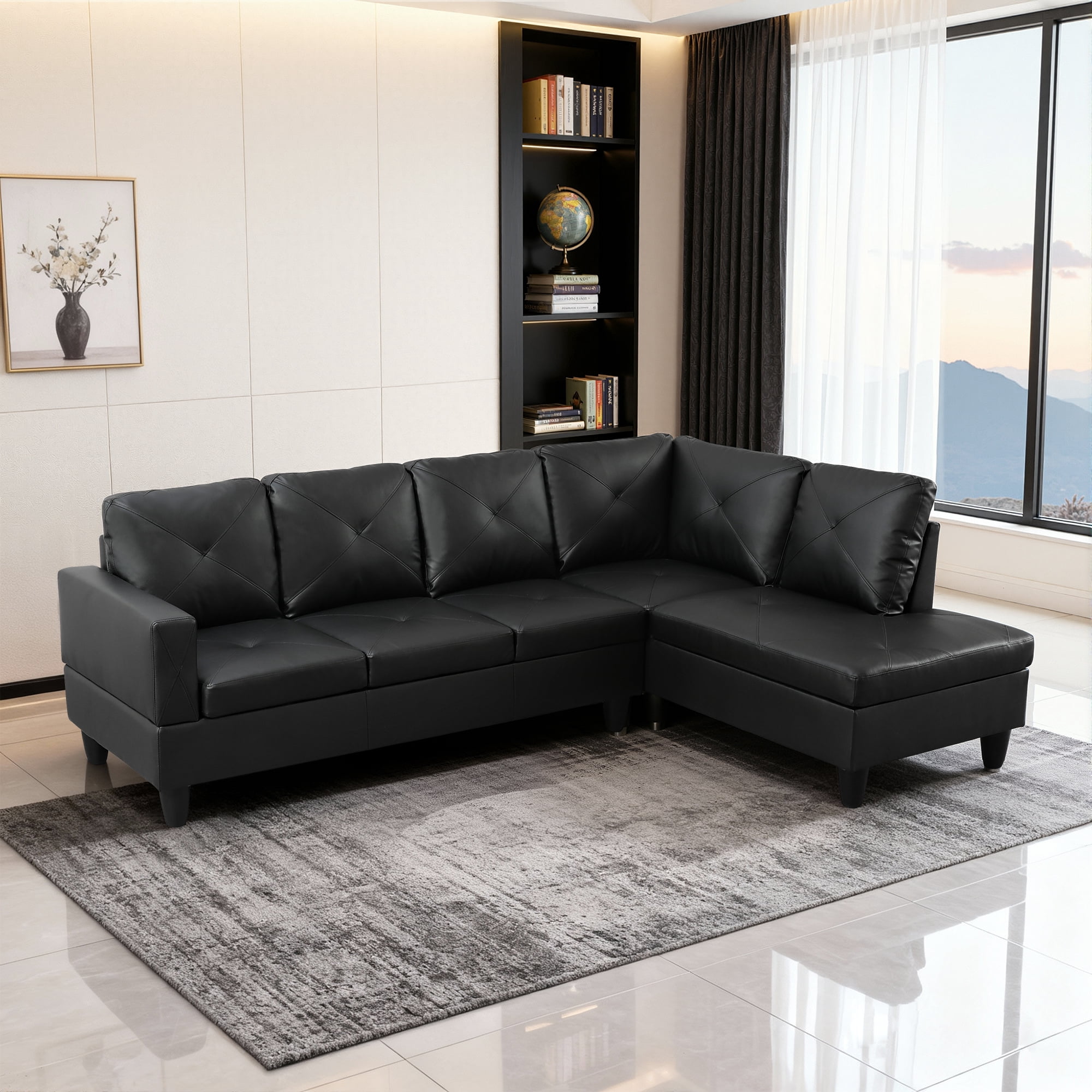 MAYEERTY 97" Faux Leather Sectional Couches, 2-Piece Modular Sofa Set with Reversible Chaise without Ottoman, Black (Right)