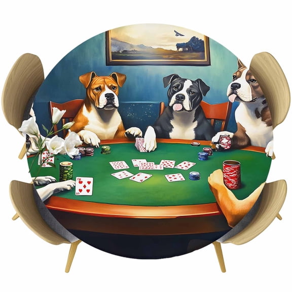 Abstract Animal Round Fitted Table Cover Dog In The Room Poker Games Waterproof Table Cloth with Elastic Edge Wipeable Tablecloth for Picnic Camping Party Fits 36"-44" Diameter