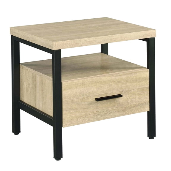 Natural Oak and Black Accent Table with Drawer, Small End Table for Living Room, Bedroom Nightstand with Storage Shelf