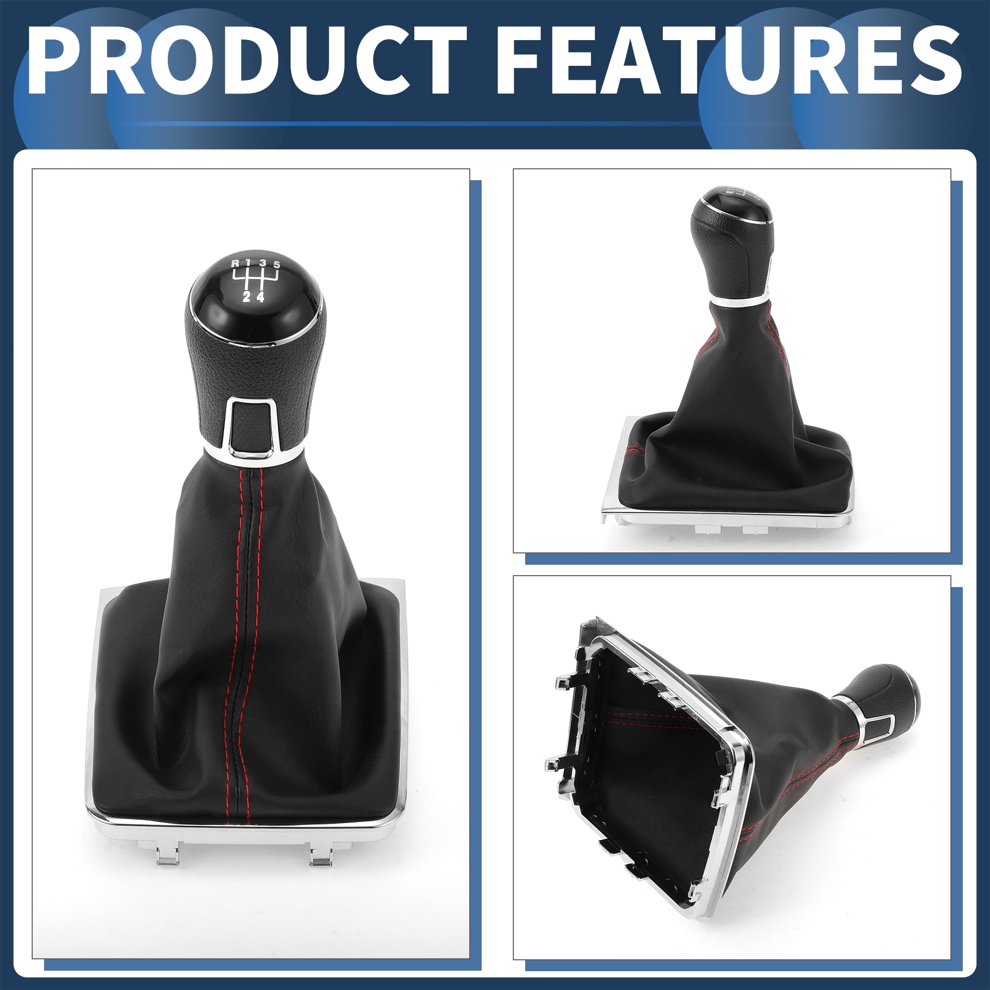 Unique Bargains 5 Speed Manual Gear Shift Knob with Cover, Gearbox Stick Shifter Lever Knob No.3AA711113A for VW Passat 2013-2021 Plastic Faux Leather Black Red, 1 Pc