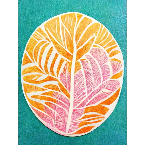 Monstera Leaf Linocut In Pastel Pink Orange On Teal Unframed Wall Art Print Poster Home Decor