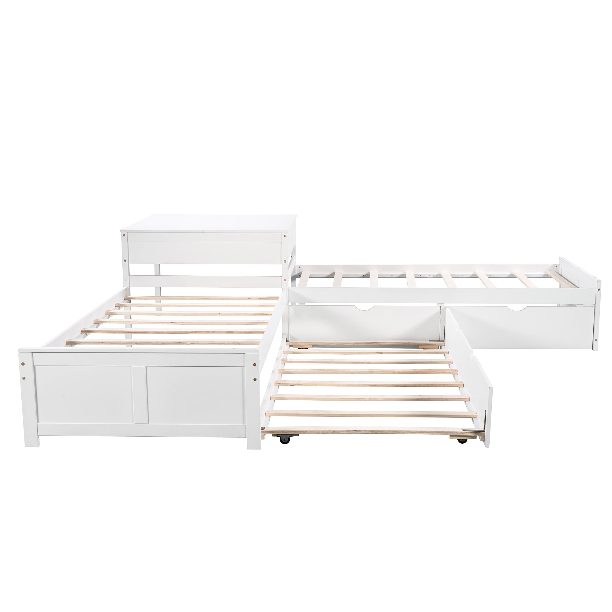 Euroco Pine Wood L-Shaped Twin Platform Bed with Trundle, 3 Beds in One for Bedroom, Trundle Bed with Drawers and Built-in Desk, White
