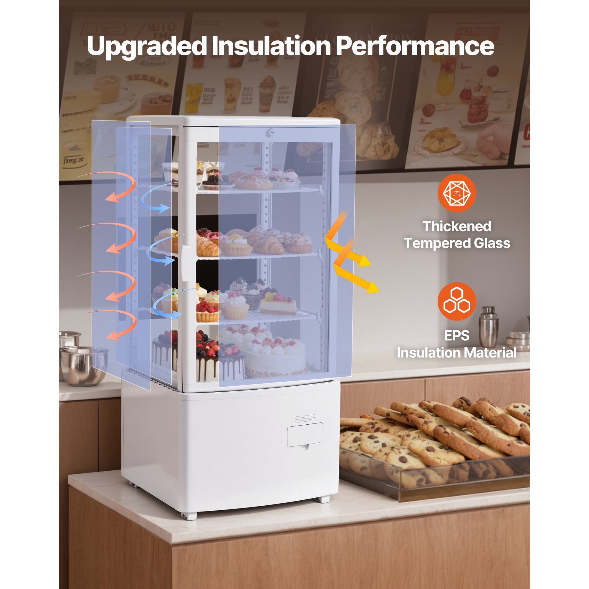 KFFKFF Refrigerated Countertop Display Case, 3 Cu.Ft./85L Capacity, 3-Tier Commercial Pastry Refrigerator with LED Lighting, Efficient Cooling System, Frost-Free Air Circulation, Ideal for Bakeries
