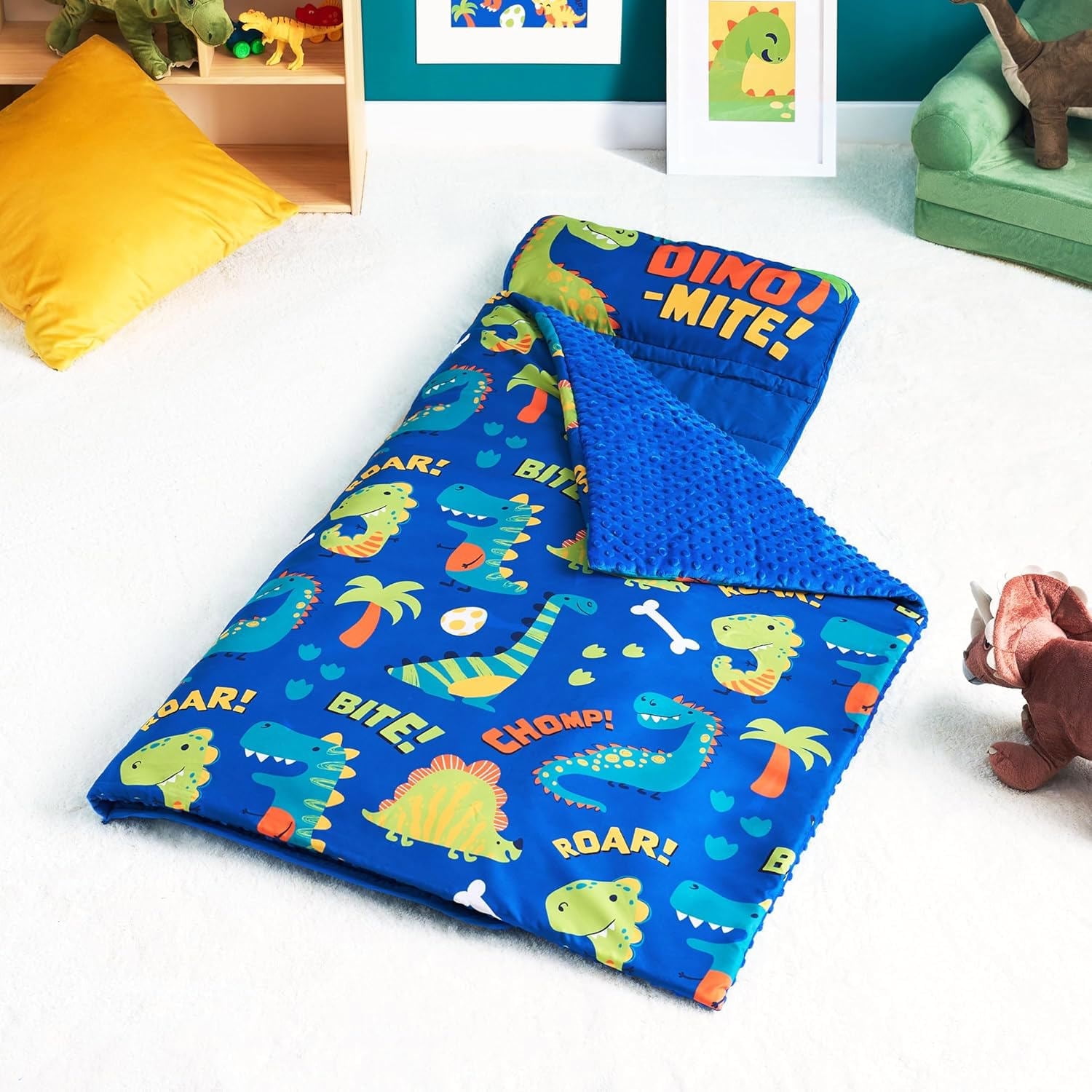 Joyfy Toddler Sleeping Bag for Kids 55"x30" Nap Mat with Removable Pillow and Minky Blanket for Ages 3-7, Soft Roll Up for Boys Girls Kindergarten Daycare Sleepover