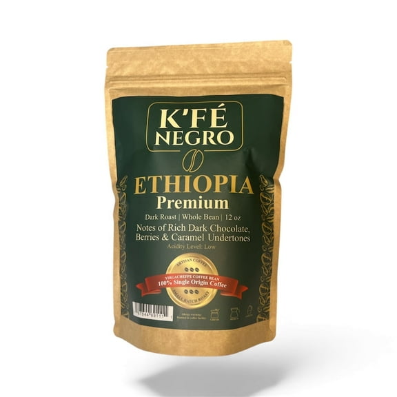 K’FE Negro Ethiopia Yirgacheffe Dark Roast Whole Bean Coffee, Single Origin, Low Acidity, 12 oz