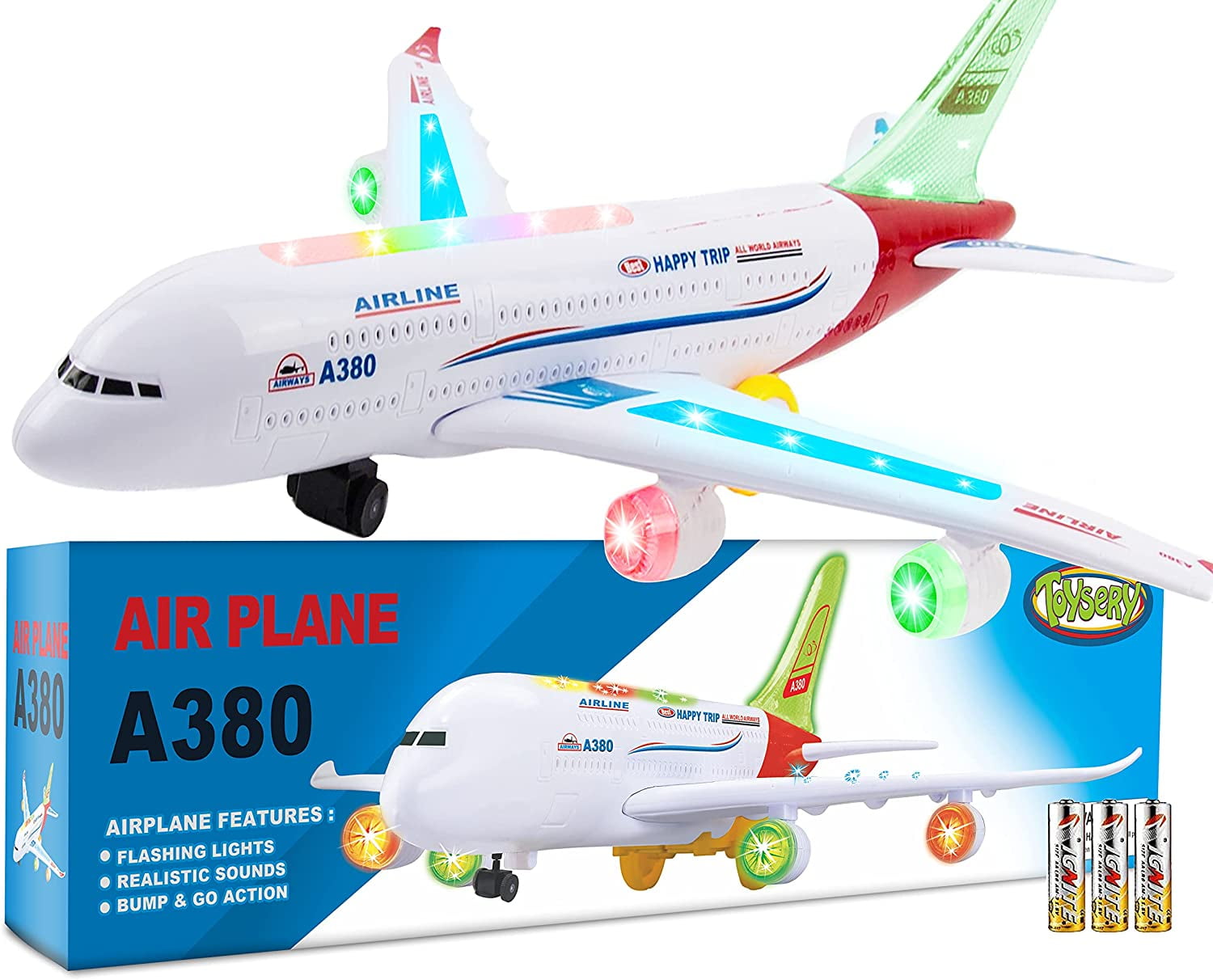 Toysery Airplane Toys for Kids, Bump and Go Action, Toddler Toy Plane with LED Flashing Lights and Sounds for Boys & Girls 3 -12 Years Old (Airbus A380)