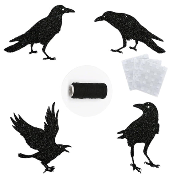 32 Pack Black Crow Halloween Decorations Set, Glitter Paper Hanging Crow Ornaments with String & Adhesive Dots, Spooky Decor for Party, Wall, Window, Porch & Yard