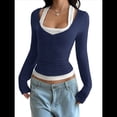 thumbnail image 1 of Camisetas Henley de Larga para Mujer, Blusa Básica Informal de Punto Acanalado con Botones y Corte Ajustado. Azul Marino L, 1 of 7