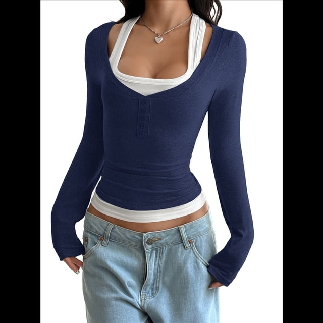 Camisetas Henley de Larga para Mujer, Blusa Básica Informal de Punto Acanalado con Botones y Corte Ajustado. Azul Marino L