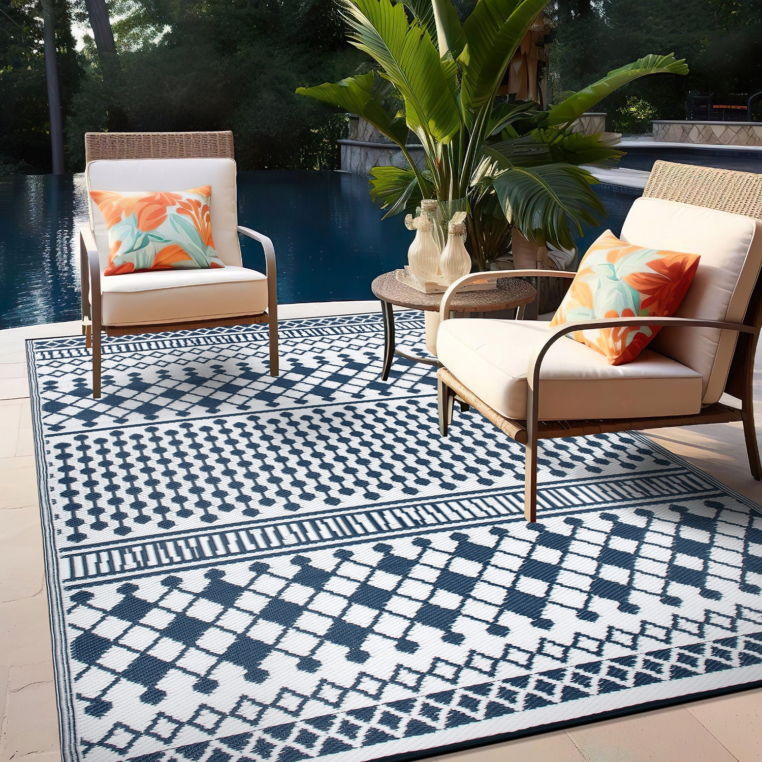 World Rug Gallery Contemporary Bohemian Geometric Reversible Recycled Plastic Outdoor Picnic Mat, Camping Rug, RV Rug - NAVY 5'x7'