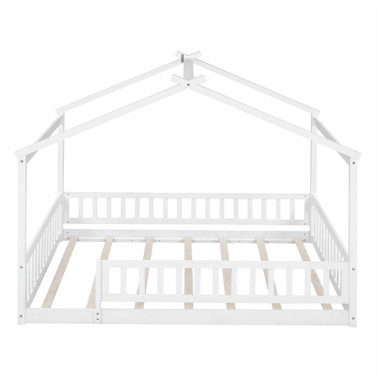 Full Size Wood House Bed with Fence and Roof Frame, Kids Floor Montessori Bed with Safety Guardrails, Sturdy Pinewood Playhouse Bed for Boys Girls