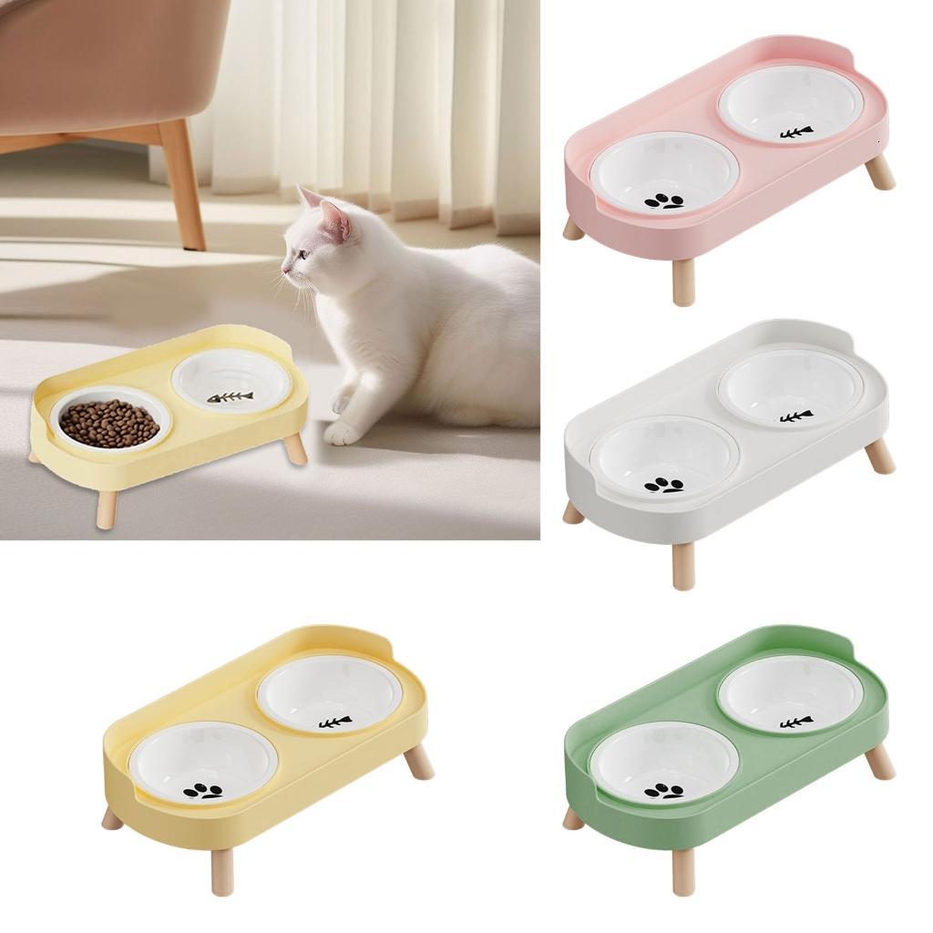 Giaone Ceramic Pet Feeder Double Bowl Food Dish Watering Bowl for Small Dog and Cats