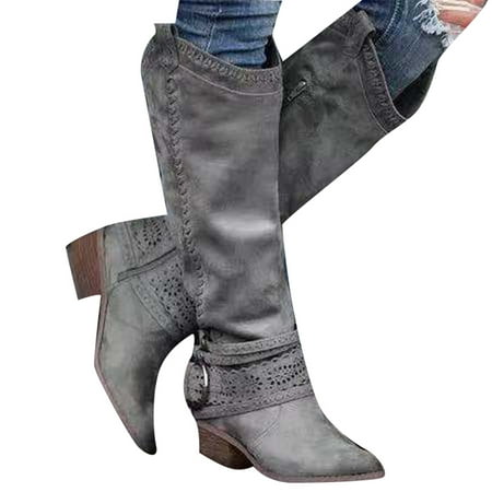 

Western Cowboy Riding Boots with Thick Heel Under Knee PU Boots Middle Tube Boots for Women Winter Autumn Supply