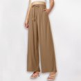 thumbnail image 2 of Ladies Pants Casual High Waisted Drawstring Linen Wide Leg Beach Pants With Pockets Pure Color Woman Pants Coffee L, 2 of 4