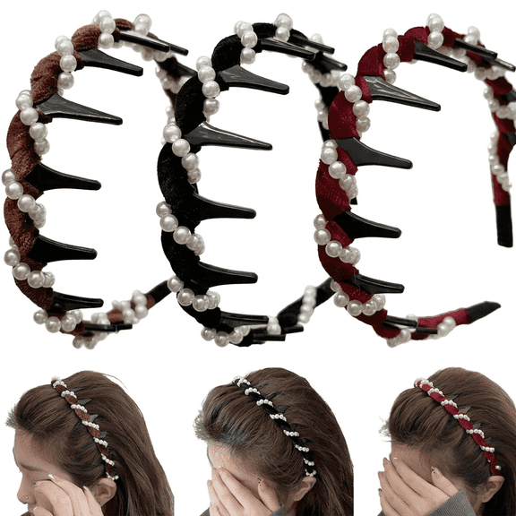 MH-3PCS Pearl Tooth Hair Bands, Non-slip Braided Headbands with Teeth, Fashion Hair Hoops for Women and Girls