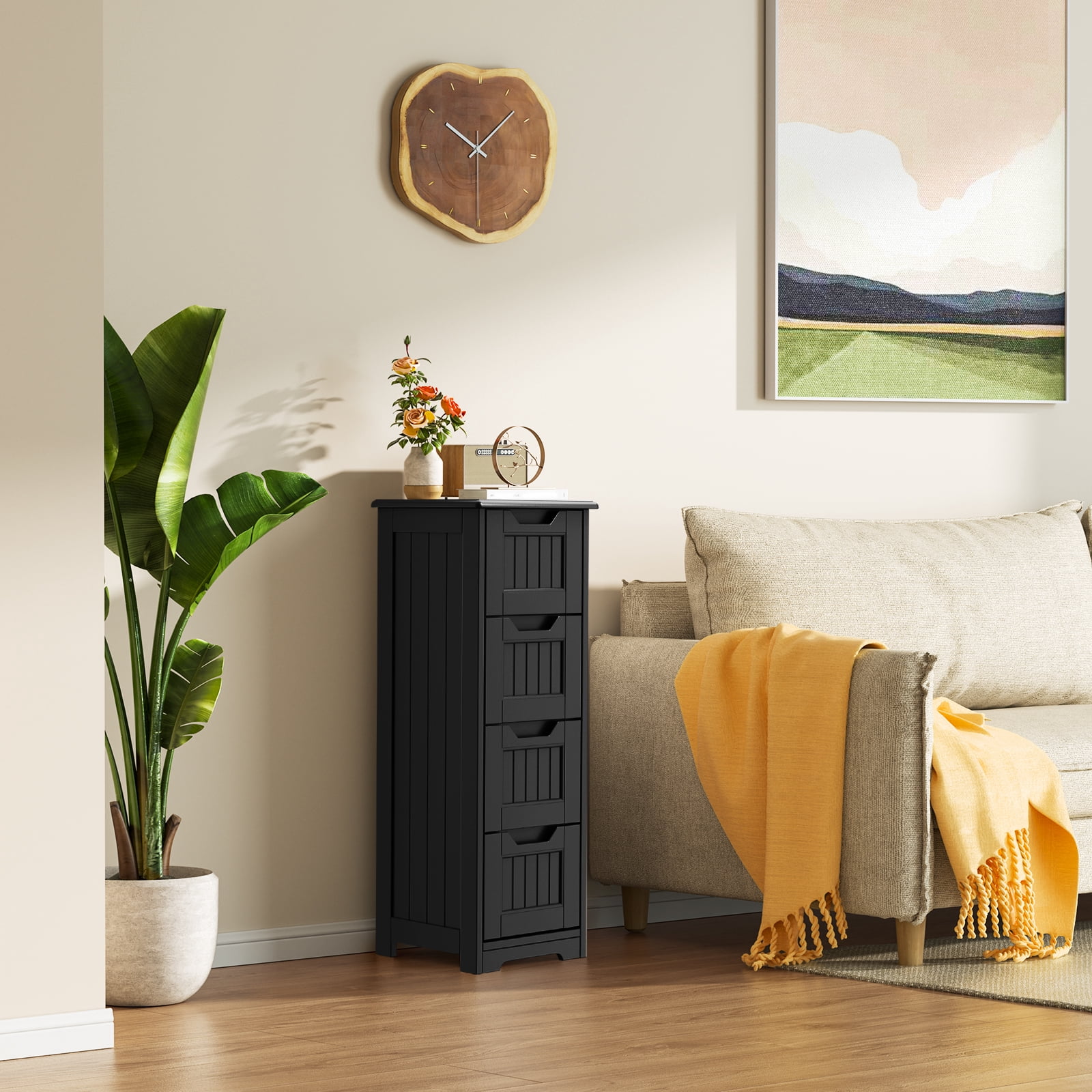 Noelse Bathroom Floor Cabinet Wooden Storage Cabinet with 4 Drawers Free-Standing Cabinet for Hallway Living Room and Bathroom, Black