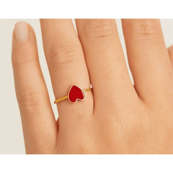 Aspire Jewels-Women’s Red Enamel Heart Ring – 14K Yellow Gold Plated – Dainty Promise / Stackable Band – US Sizes 5–10