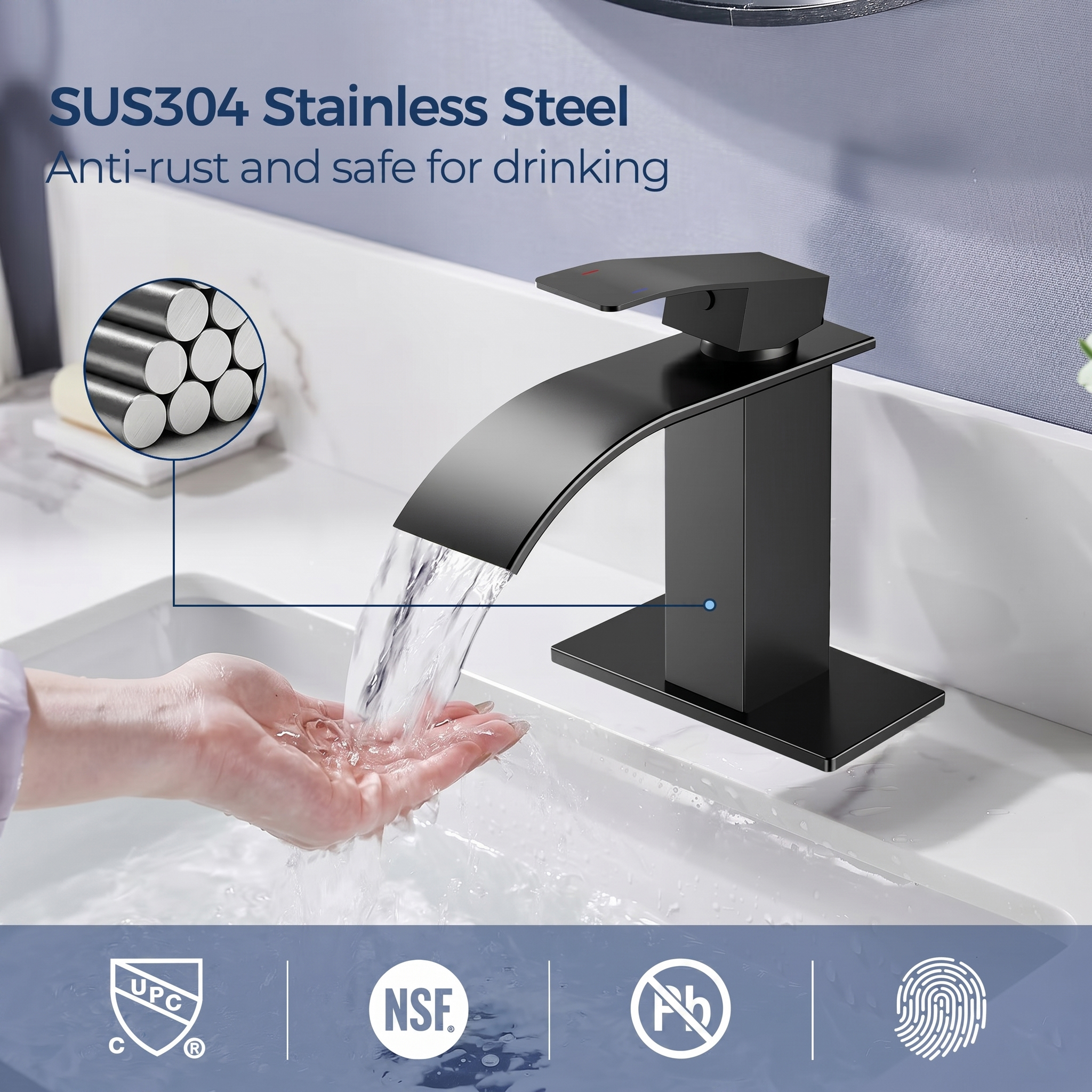 TVOFEK Black Waterfall Bathroom Sink Faucet with Pop-Up Drain photo 2