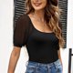 thumbnail image 3 of Camiseta con cuello cuadrado para mujer, camiseta con manga de malla transparente y lunares, mono acanalado, camisas cortas, 3 of 6