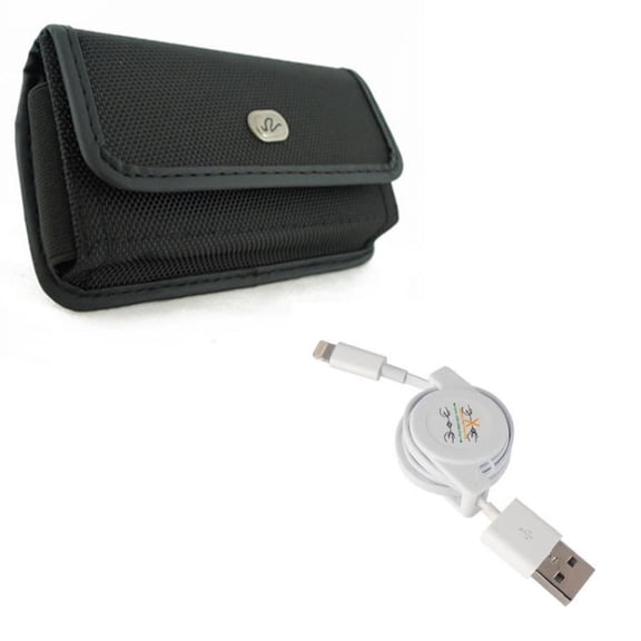 Case Belt Clip w USB Cable for iPhone XR - Rugged Holster Canvas Cover Pouch, Retractable Charger Power Cord Sync Compatible With iPhone XR