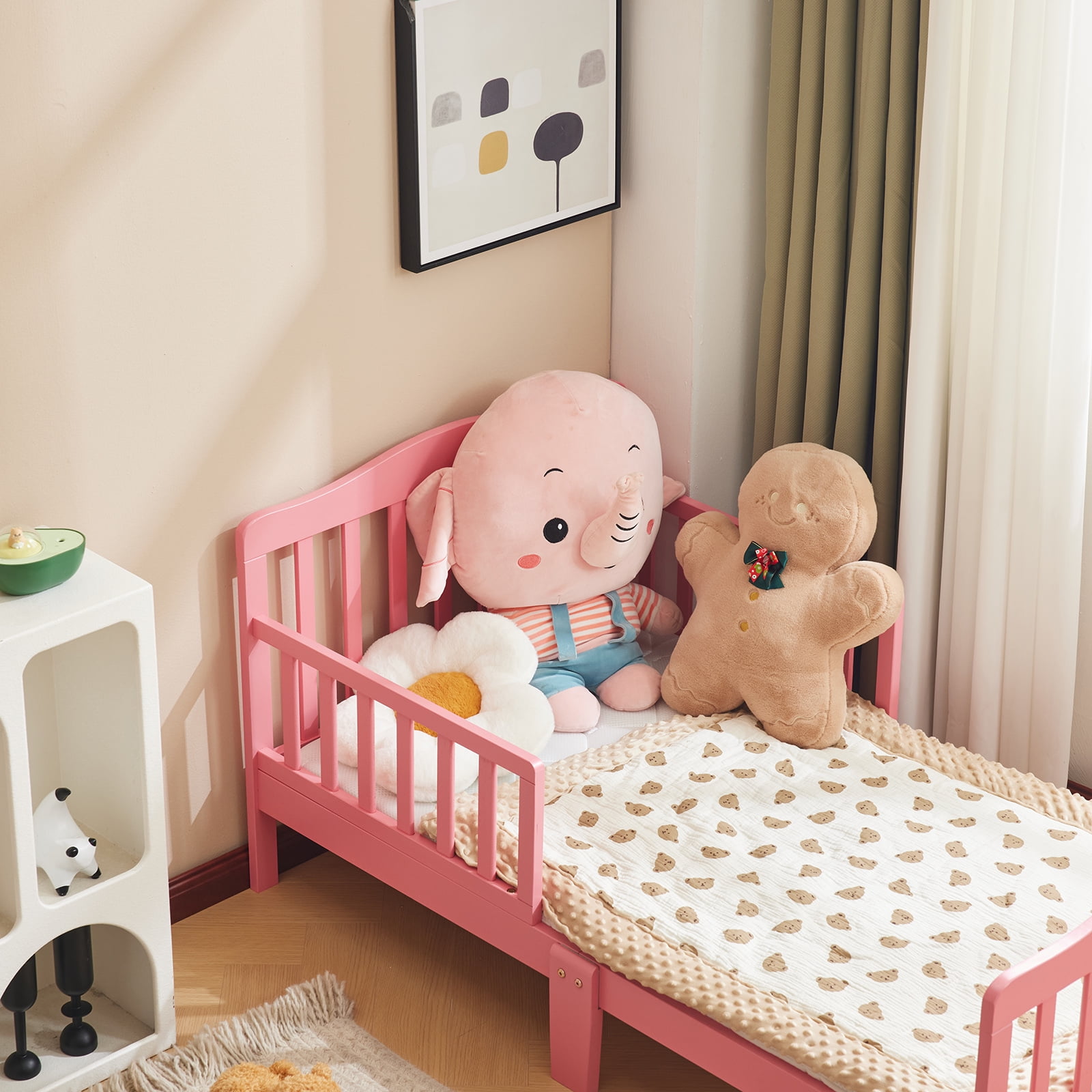 Zimtown Wood Bed, Wood Bedframe Bedroom Furniture w/Safety Rail Fence (Pink)