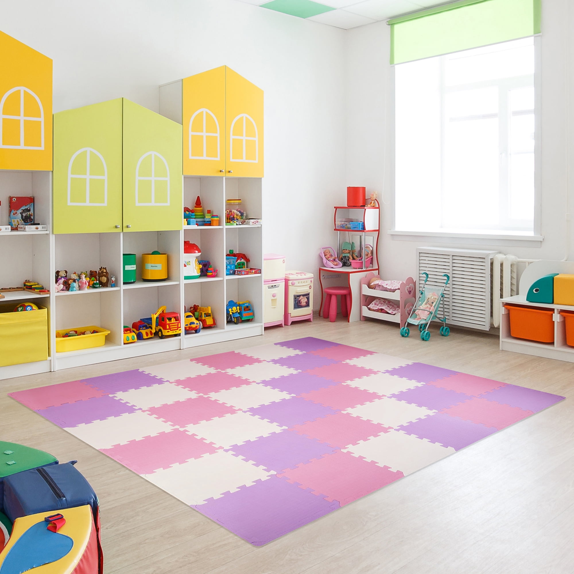 BalanceFrom 16-Pack 12”x12” Interlocking Puzzle Play Mat, 0.4” Thick, Pink/Purple/Beige