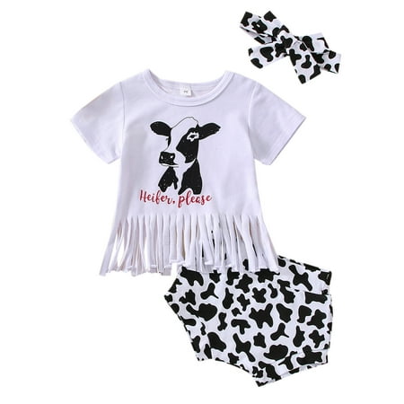 

Toddler Summer Children Girl Clothing Set Cute Cow Black Short Sleeve Letter Shirt Shorts With Headbands Girls 3pc Outfits Winter Clothes for Teen Girls