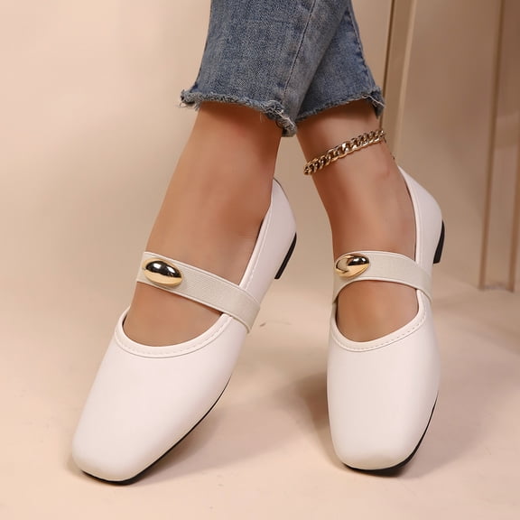 Taylonsss Women's Vintage-Inspired Square Toe Elastic Strap Flat Shoes with Gold Buckle for Casual Wear Comfortable Faux Leather Loafers for Daily Use