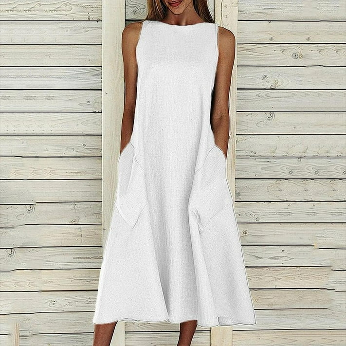 Women's Summer Dress Cotton Dress Sleeveless Dress Solid Color Dress ...