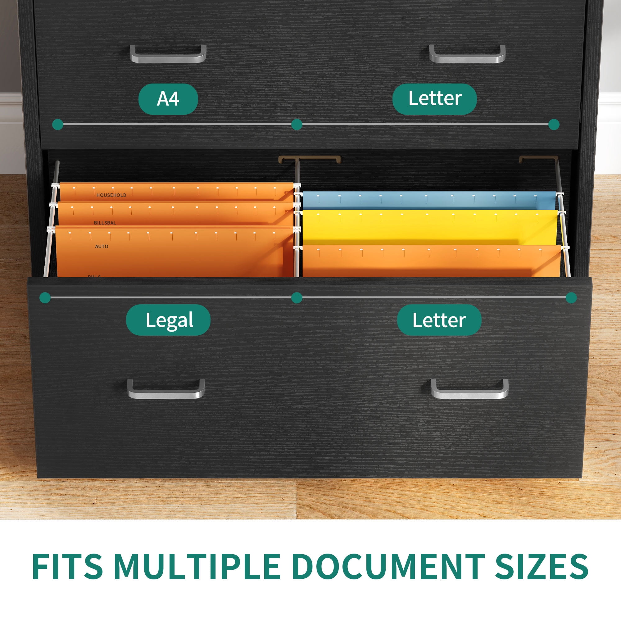 Dextrus 2 Drawer File Cabinet with Charging Station, Wood Lateral Filing Cabinet Printer Stand Fits A4 Letter Legal Size Files, Black