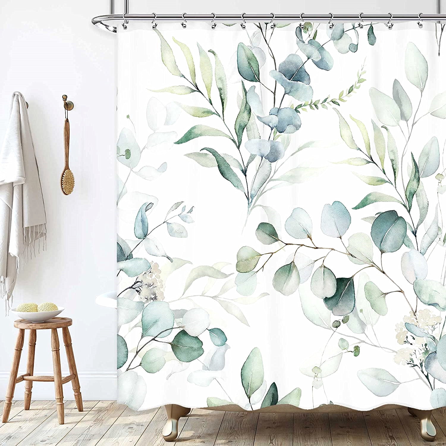 Watercolor Green Eucalyptus Shower Curtain and Bath Rug Set 4 Pcs Fabric Floral Bathroom Curtain Set Decor 72x72 inches