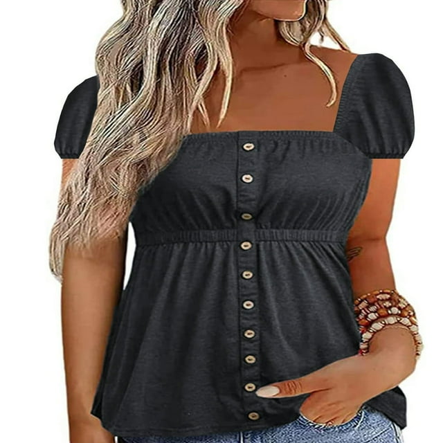 Ladies Summer Blouse Square Neck Casual Button Short Sleeve Tee