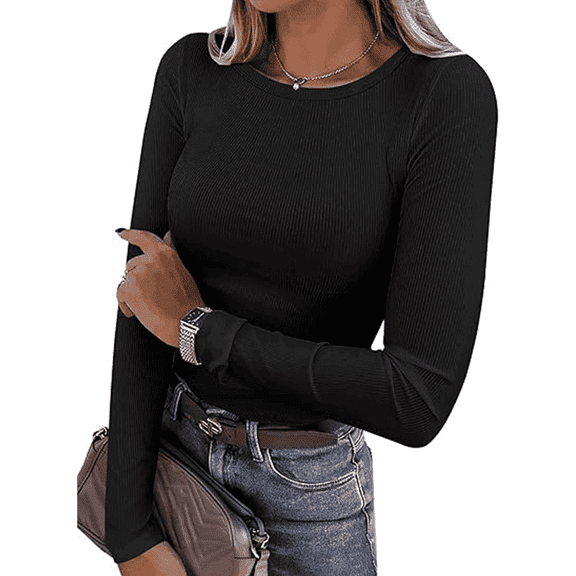GSUNSOX Women's Ribbed T-Shirt, Casual, Long Sleeve, Slim Fit, Black, Size S