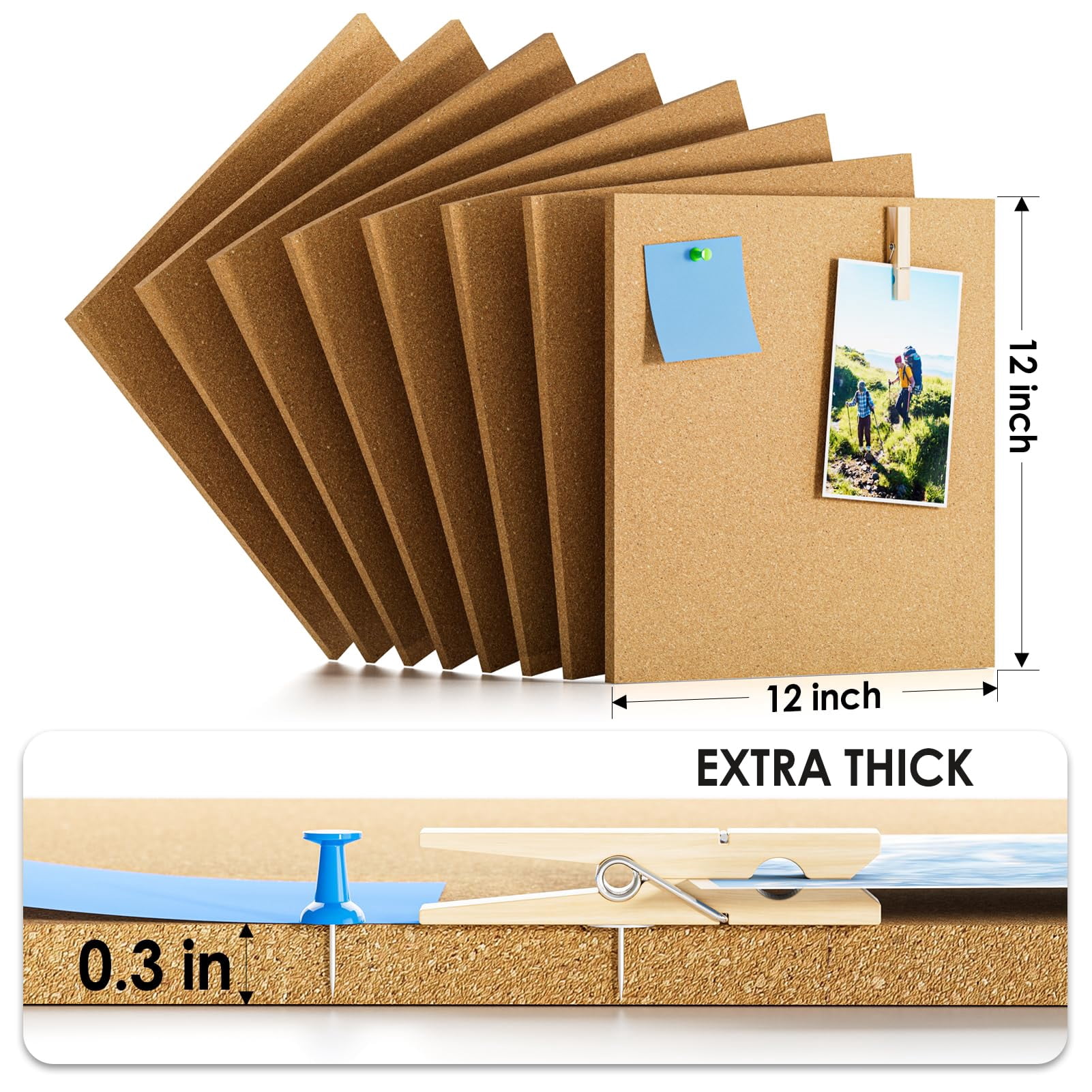 MaxGear Large Cork Board for Wall, 8-Pack 12" x 12" Cork Board Tiles with Push Pins & Adhesive, Wall Bulletin Board for Office, Home