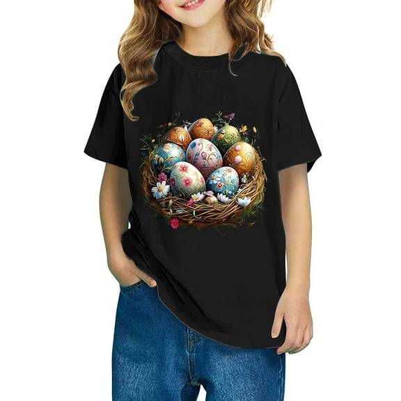 AUNVITO Boys & Girls Easter Cartoon Cotton Shirts Round Neck Short Sleeve Tees for Toddlers