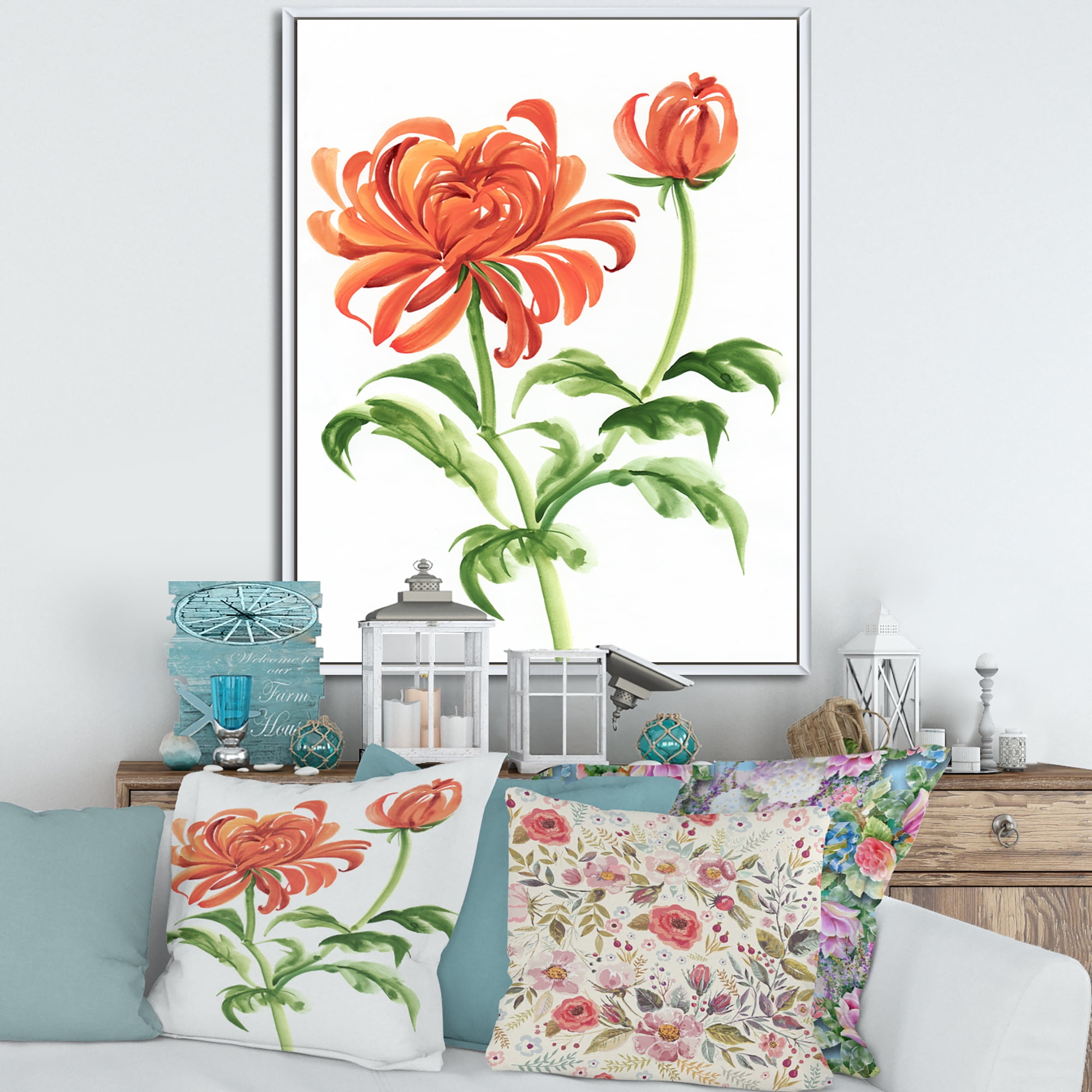Designart 'Ancient Orange Chrysanthemum Flower' Traditional Framed Canvas Wall Art Print