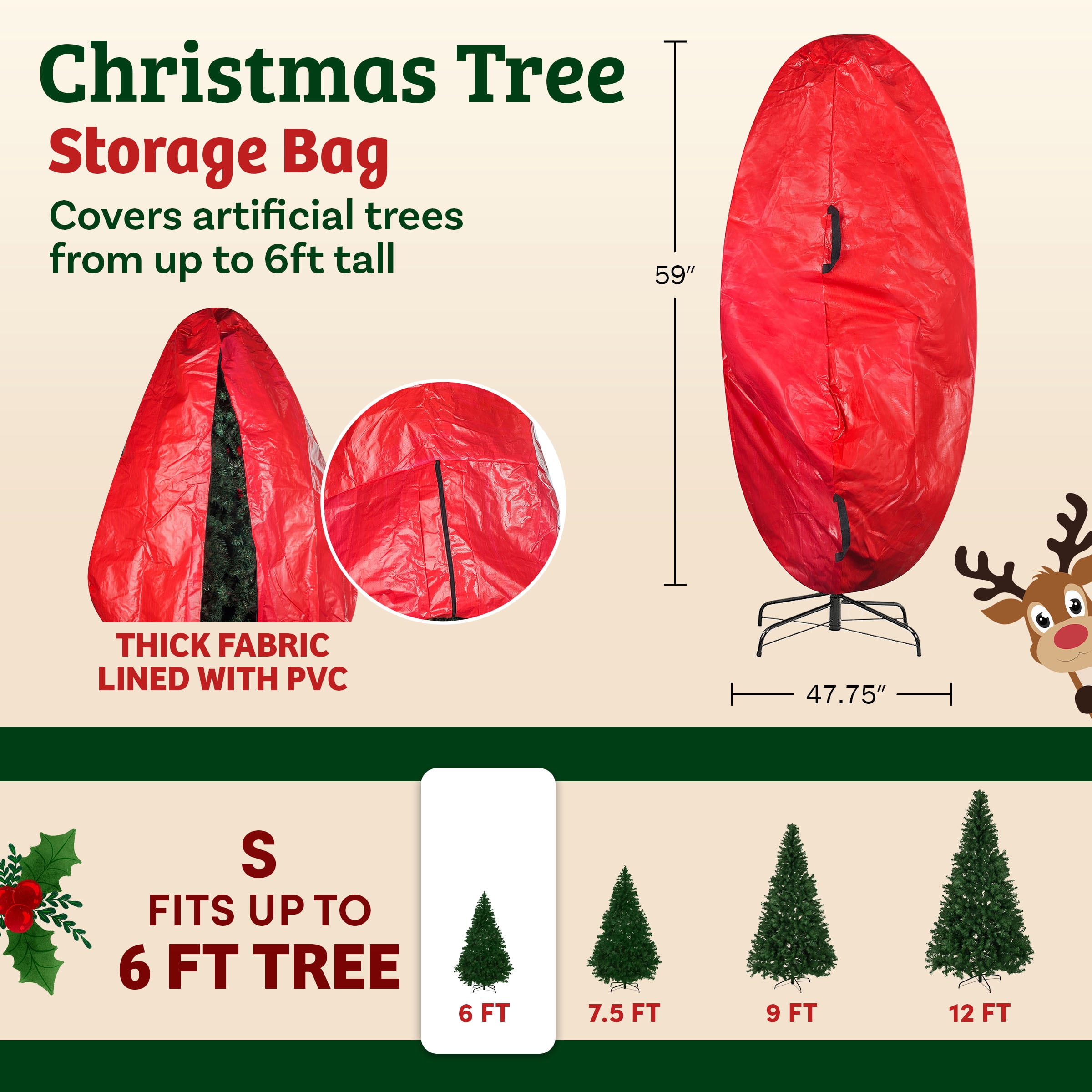 Elf Stor Premium Christmas Tree Cover for 6ft Assembled Trees, Upright Storage Bag with Zipper, Red