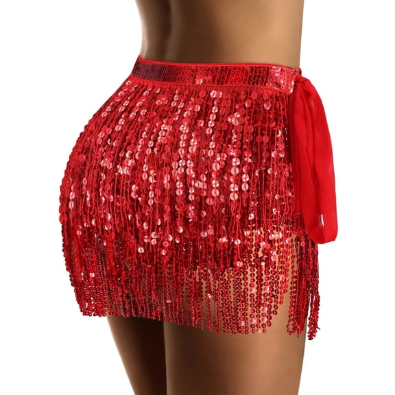 Belly Dance Hip Scarf Sequin Tassel Skirt Wrap Sparkly Rave Skirt for Women Festival of Carnival Sequin Tassel Skirt