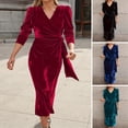 thumbnail image 2 of Quixlent Women Autum Spring Dress Cross V Neck Solid Color Lace-up Tight Waist Velvet Mid-calf Length Long Sleeves Pleated Dating Commuting Midi Dress, 2 of 8