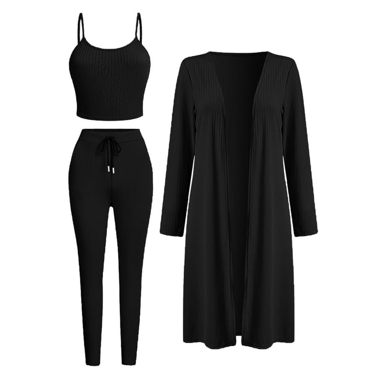 Womens Fashion Outfit Set Black Solid Color Ribbed Crop Top Long Flowy –  KesleyBoutique